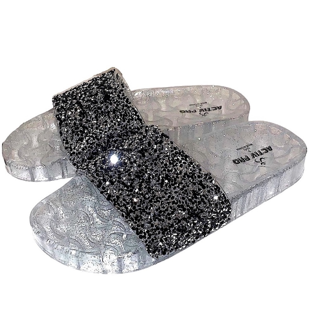 Active Pro Sparkly Metallic Beaded Embellished Jelly Sandals Gray Silver Comfy